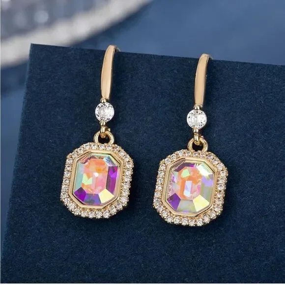 14K Yellow Gold with Iridescent AB Austrian Crystal Octagon Halo Hook Earrings